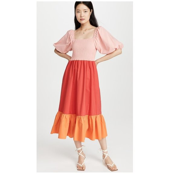 RHODE Eloise Colorblock Smocked Strawberry Multi Midi Dress - Picture 2 of 16